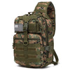 A tactical sling backpack in camouflage pattern with an American flag patch on the front.