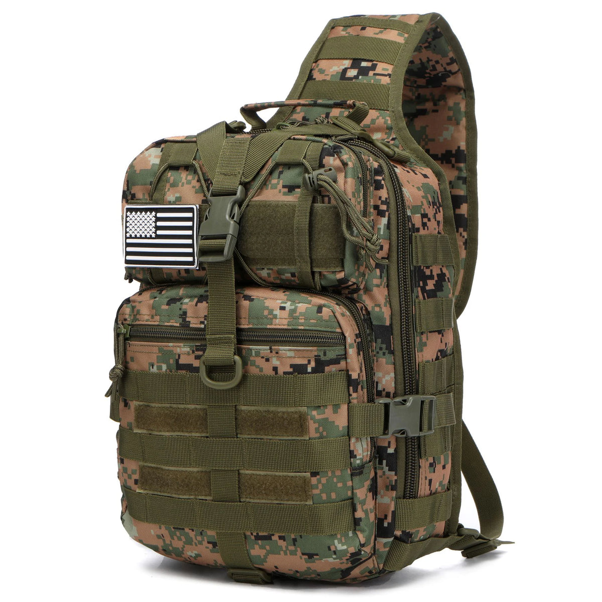 A tactical sling backpack in camouflage pattern with an American flag patch on the front.