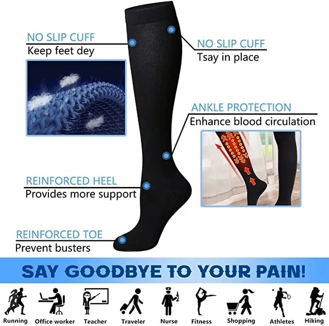 Black compression socks designed for athletes and medical use featuring no slip cuffs, ankle protection, and reinforced heel 