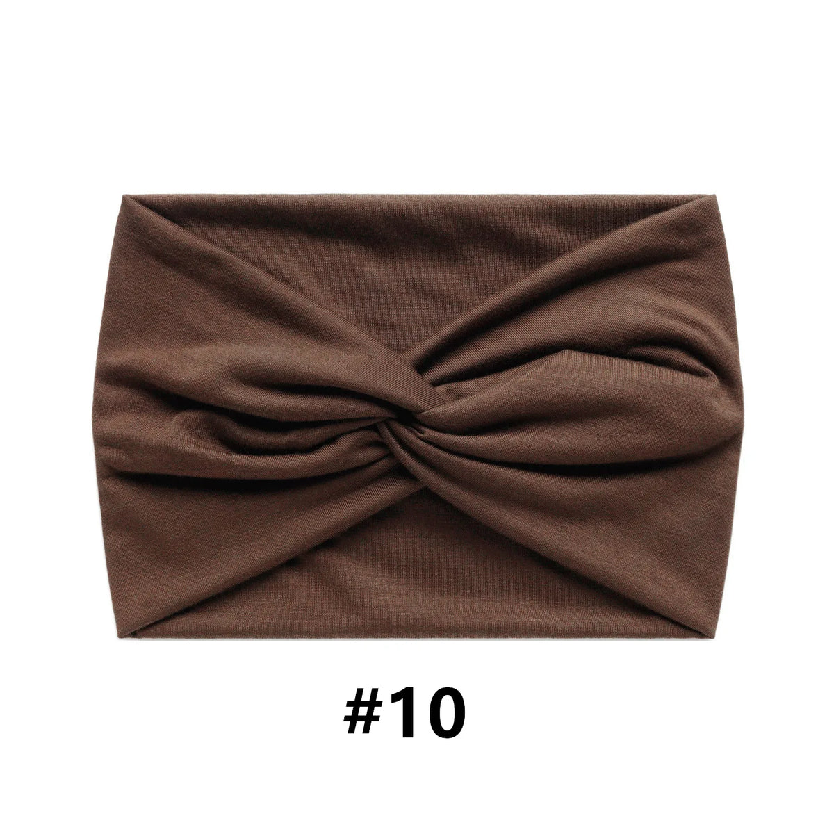 A dark brown fabric headband tied in a knot, shown flat.