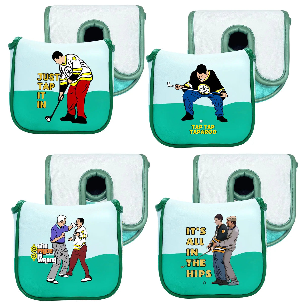 A set of funny patterned leather or fabric headcovers featuring golfers and golf equipment.