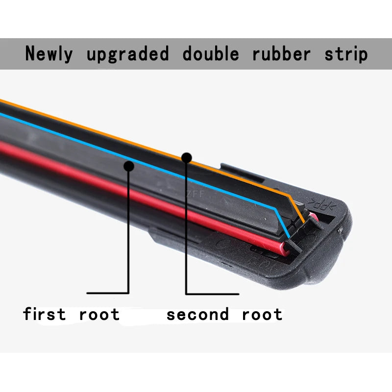 Newly upgraded double rubber strip showing the first and second root of a wiper blade.