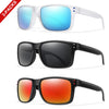 Three pairs of polarized UV400 sunglasses shown in white, black, and orange-tinted lenses.
