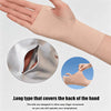 A hand wearing a light pink ice silk arm sleeve, with an inset showing the slit design for finger movement.