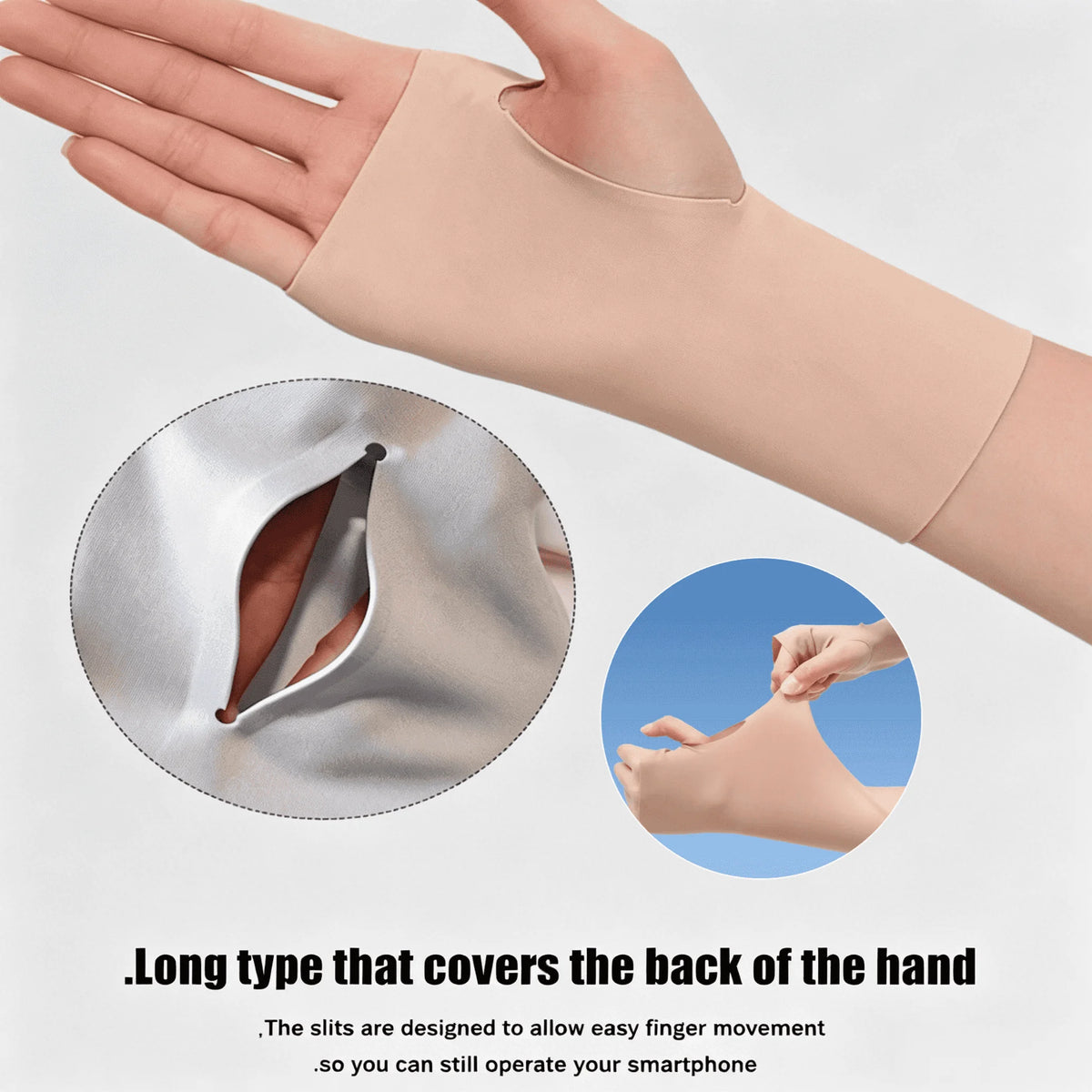 A hand wearing a light pink ice silk arm sleeve, with an inset showing the slit design for finger movement.