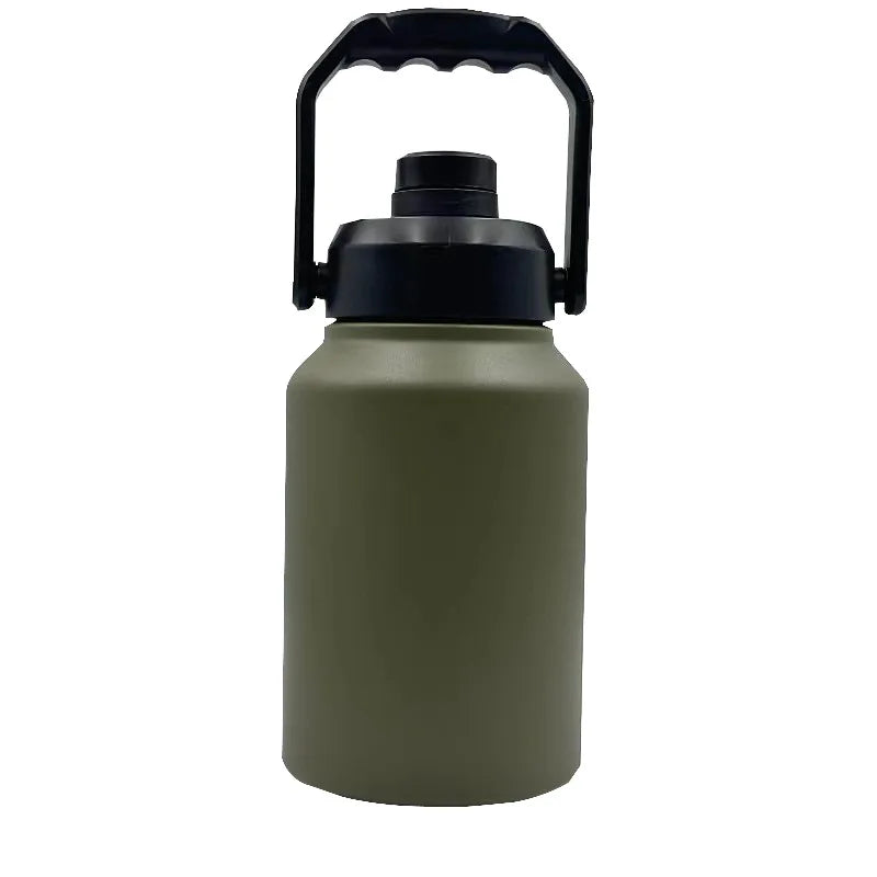 A matte olive green insulated stainless steel thermos flask with a black lid and handle.