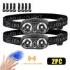 Two black LED headlamps with sensor switches and multiple light strips are shown.