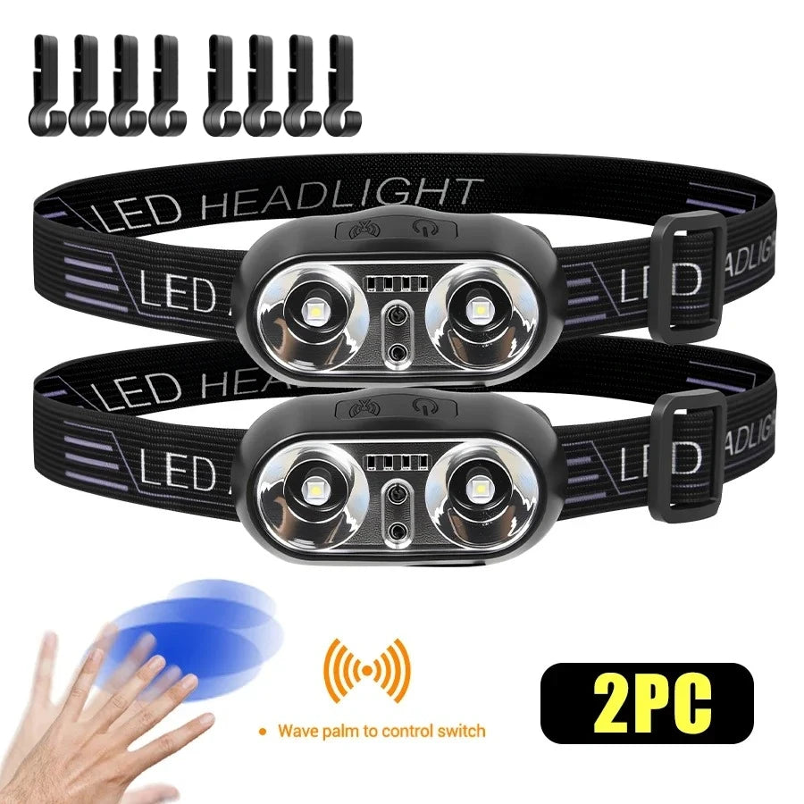 Two black LED headlamps with sensor switches and multiple light strips are shown.