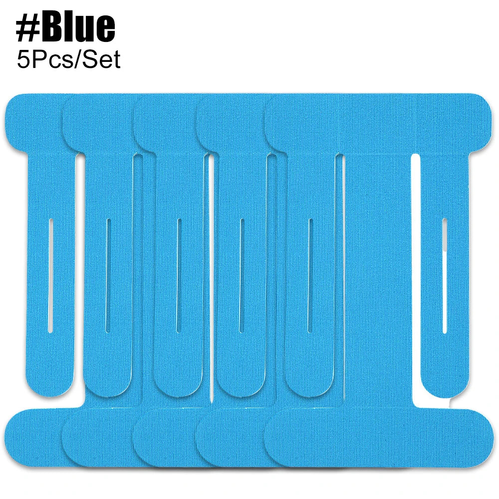 A set of five blue kinesiology support tapes for joint relief.