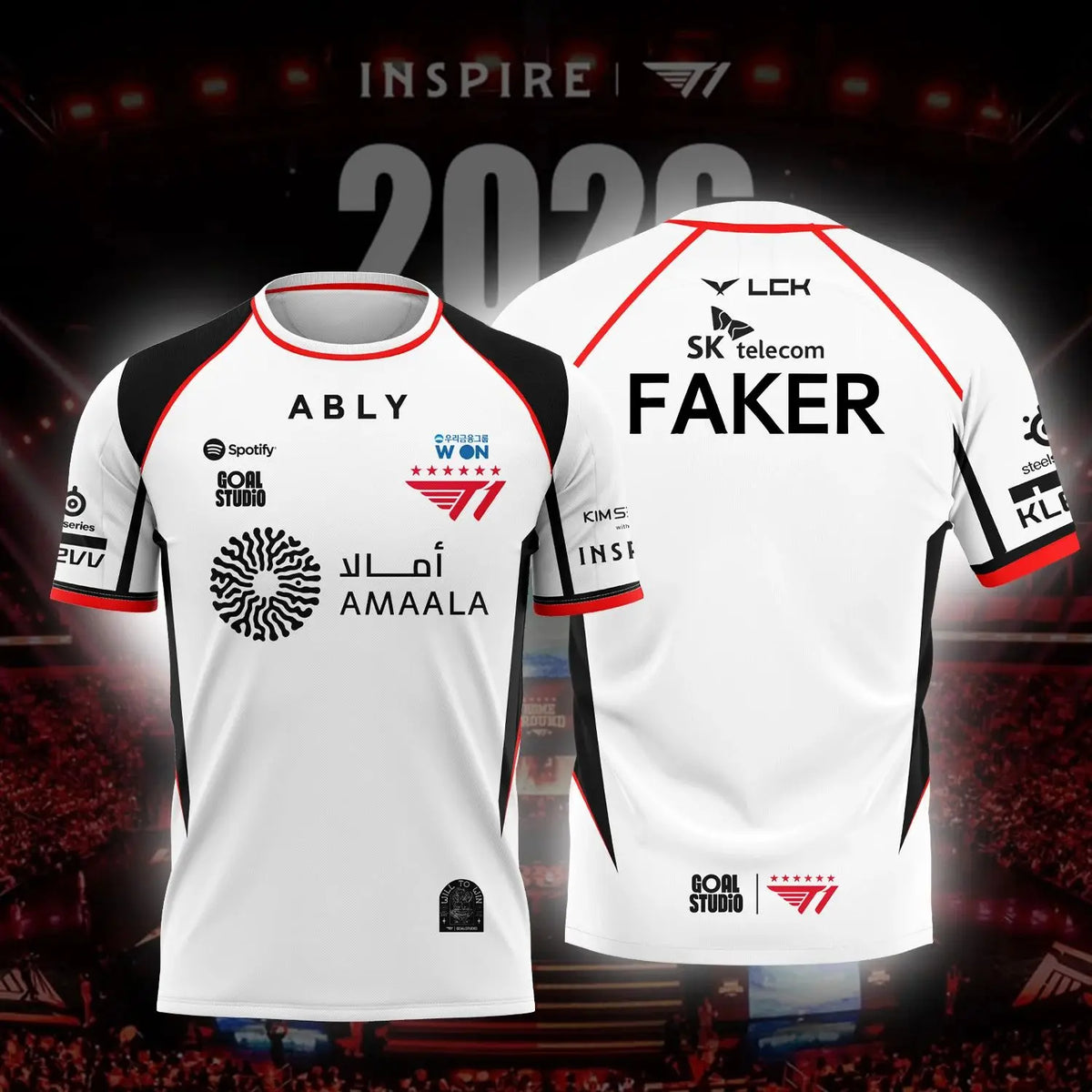 A white esports team jersey with black accents featuring the name FAKER and team logos