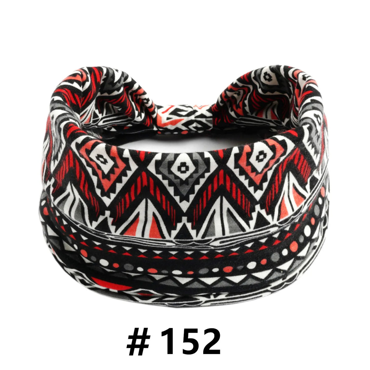 A black, white, and red patterned boho cotton turban headband for workout or yoga.