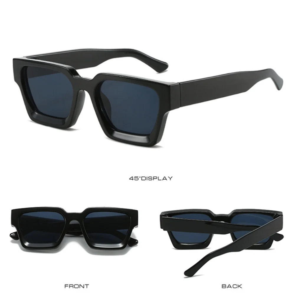 Black retro square frame sunglasses shown from the front and back views.