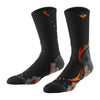 A pair of black athletic socks with orange and gray flame designs