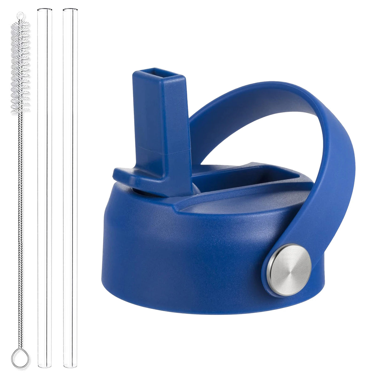 A blue secure straw lid for wide mouth bottles shown next to a metal straw and a clear tube.