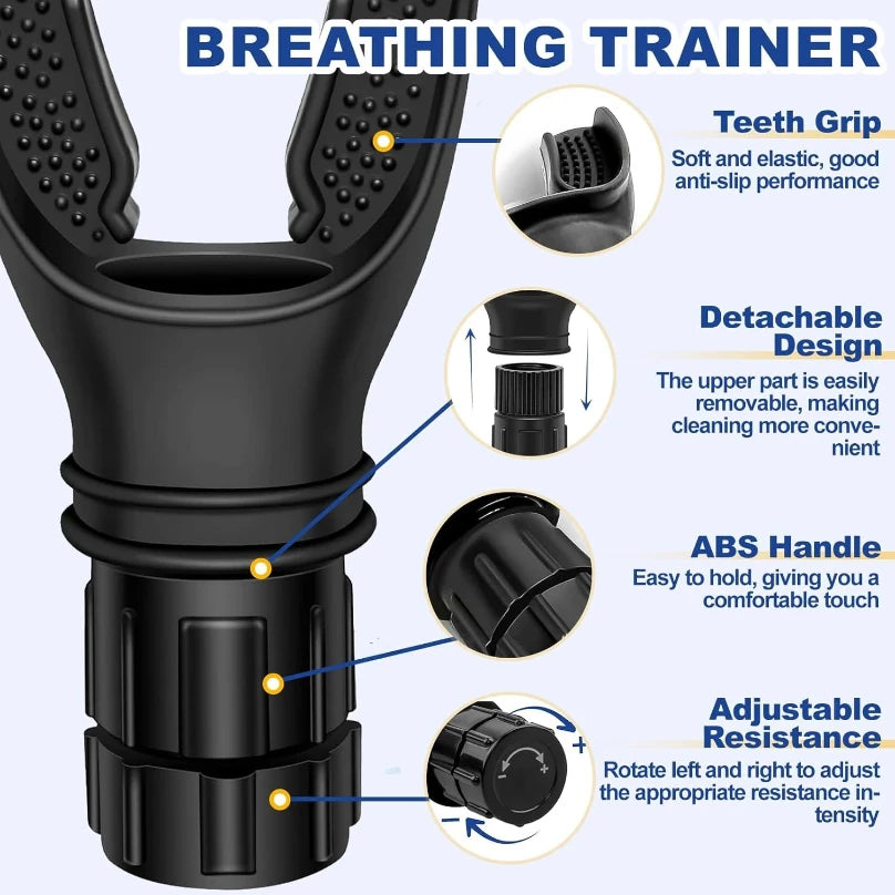A black breathing trainer featuring a teeth grip, detachable design, ABS handle, and adjustable resistance.