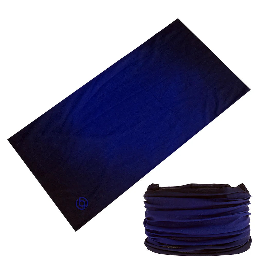 A dark blue seamless fabric headband or balaclava folded diagonally against a white background.