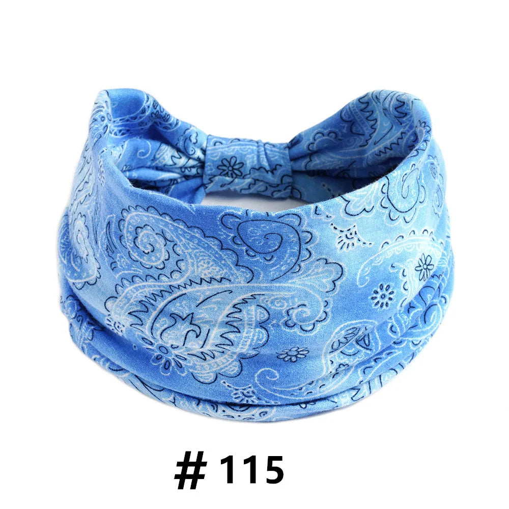 Blue boho print cotton headband tied in a bow