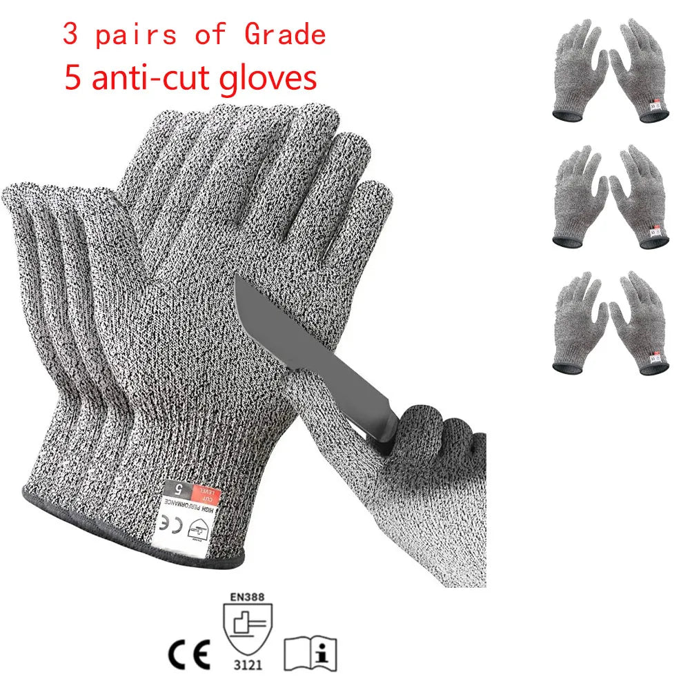 Three pairs of gray Grade 5 anti-cut knitted protection gloves shown with certification logos.