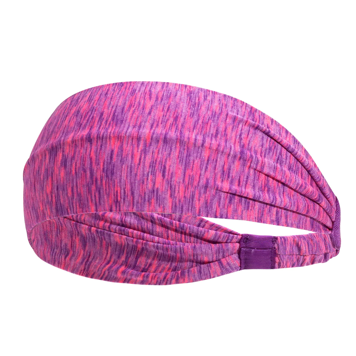 Bandeau élastique de sport rayé violet et rose sur fond blanc.