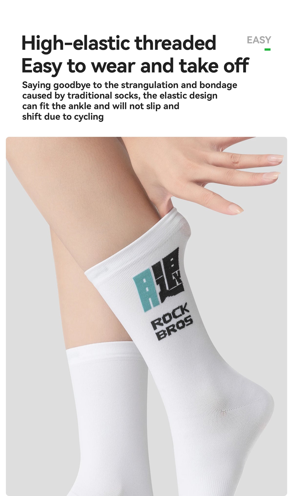 Weiße, hochelastische gestrickte Socken mit Rock Bros Logo am Unterschenkel