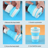 Demonstration of using reusable silicone collapsible coffee cups, showing steps to remove the heat shield and hold water.