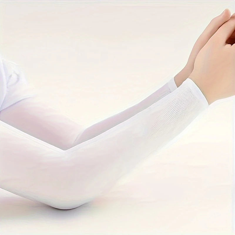 A close-up of a person's arm wearing a white compression sleeve or guard.