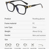 A pair of black-framed reading glasses with clear lenses shown against a white background.