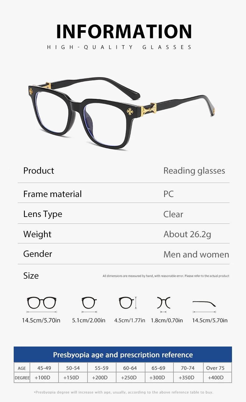 A pair of black-framed reading glasses with clear lenses shown against a white background.