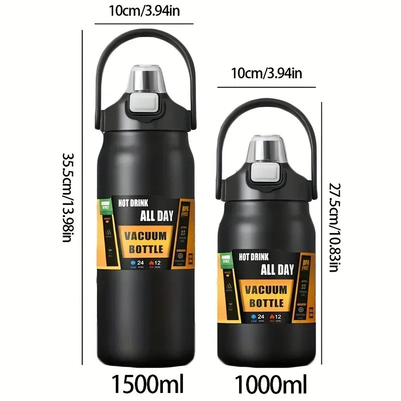 A comparison of a 1500ml and 1000ml insulated stainless steel vacuum bottle with a lid and straw.