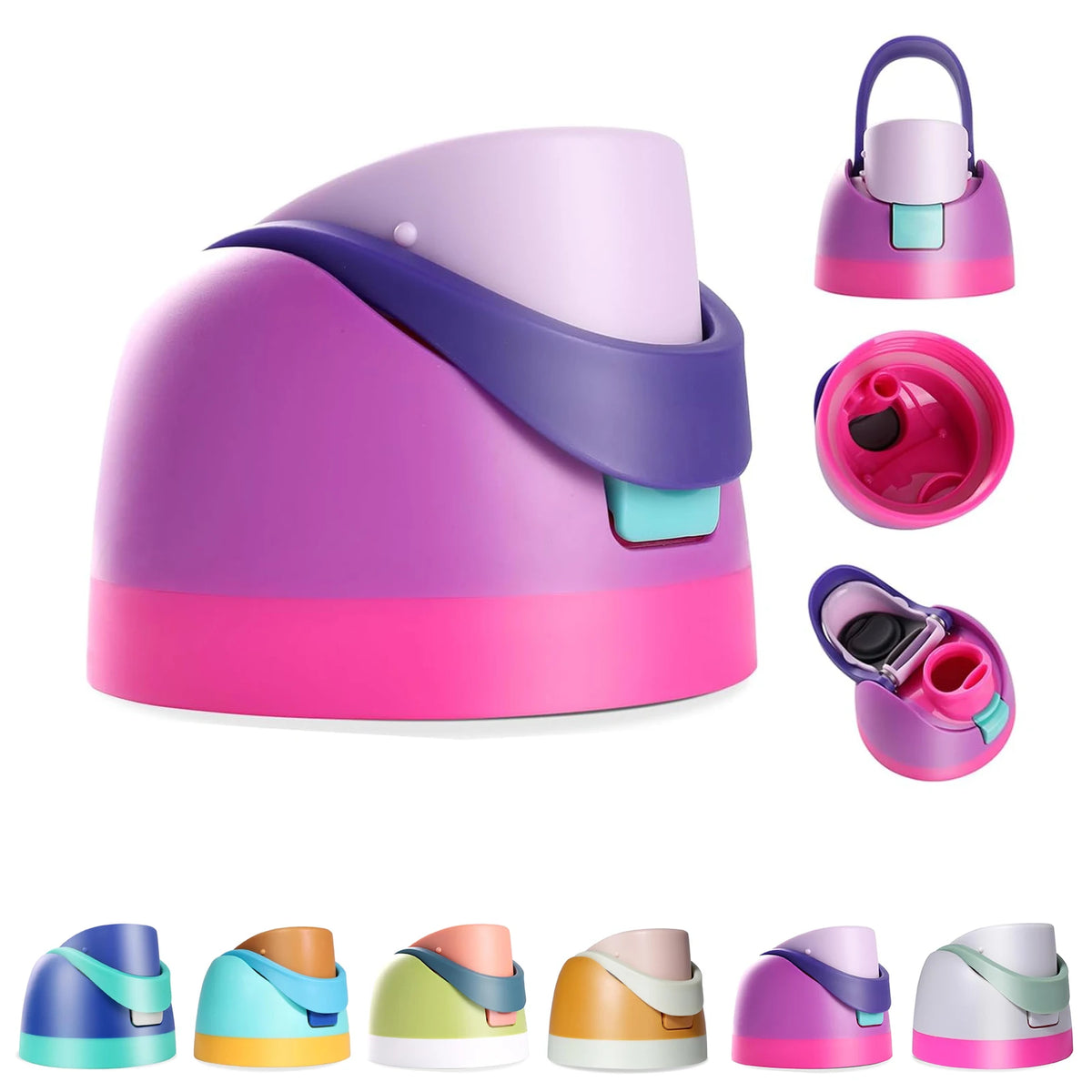 A collection of leakproof replacement lids in various colors including purple pink and green for water bottles.