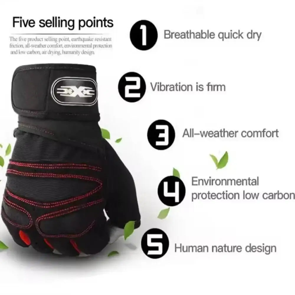 Black half finger wrist guards shown with five selling points listed.