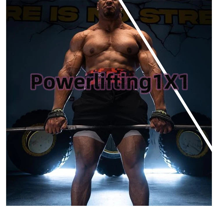 A muscular man performing a powerlifting exercise with wrist wraps and a barbell.
