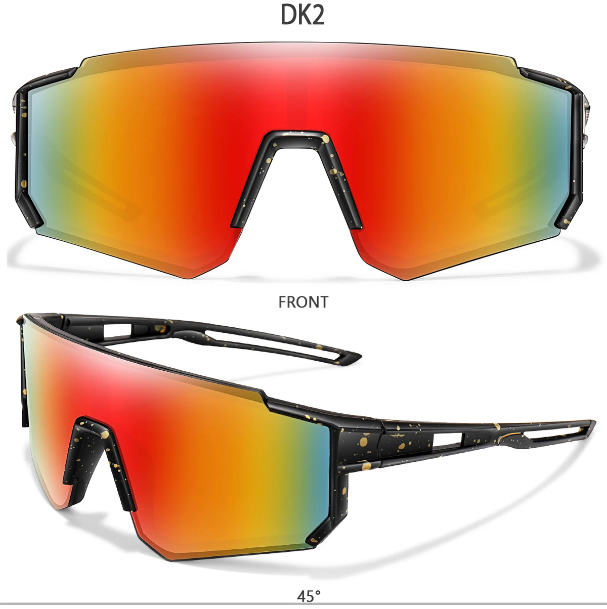 A pair of orange-tinted sports sunglasses shown from the front and a top-down view, with a 45 degree angle.