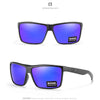 A pair of black polarized blue lens sunglasses with a dark gray frame.