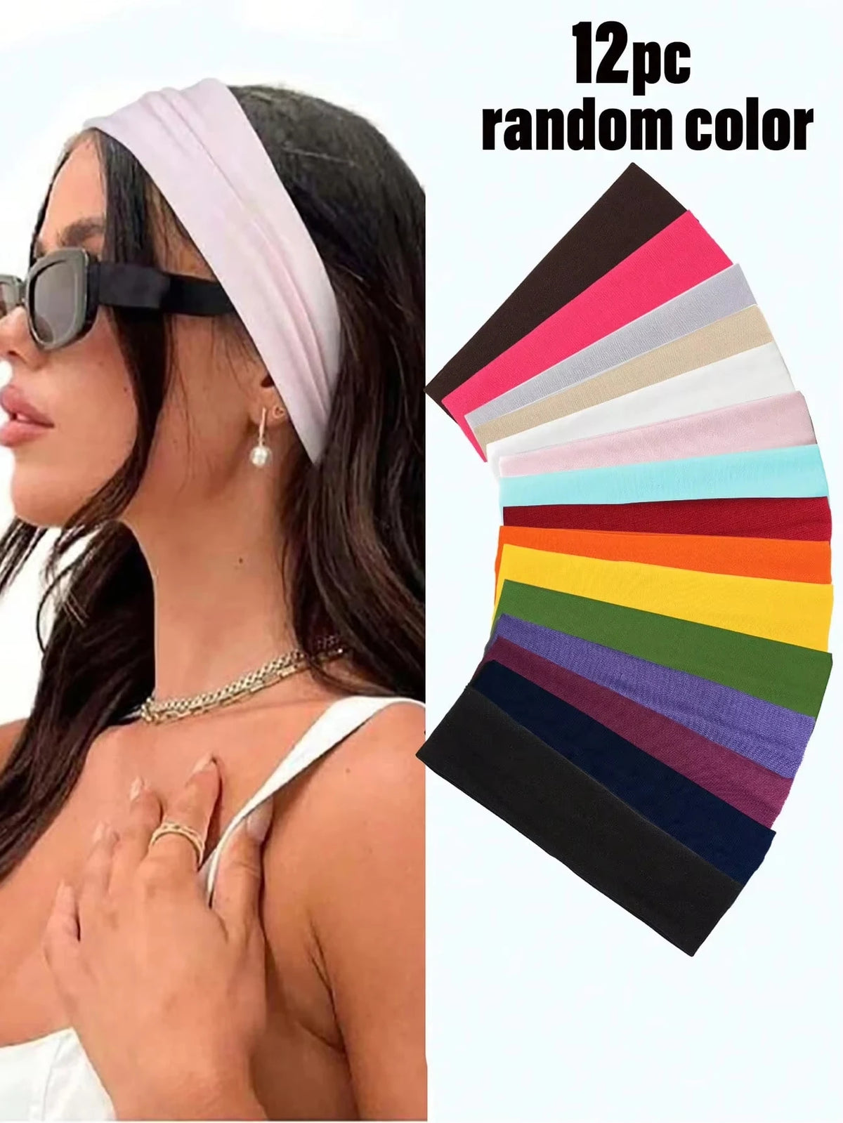 A model wearing a pink anti-slip elastic headband and sunglasses, next to a palette of 12 random colored headbands.