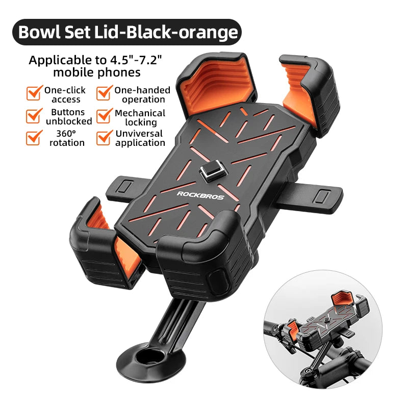 Set de bol noir et orange avec couvercle, support de téléphone portable pour vélos et motos
