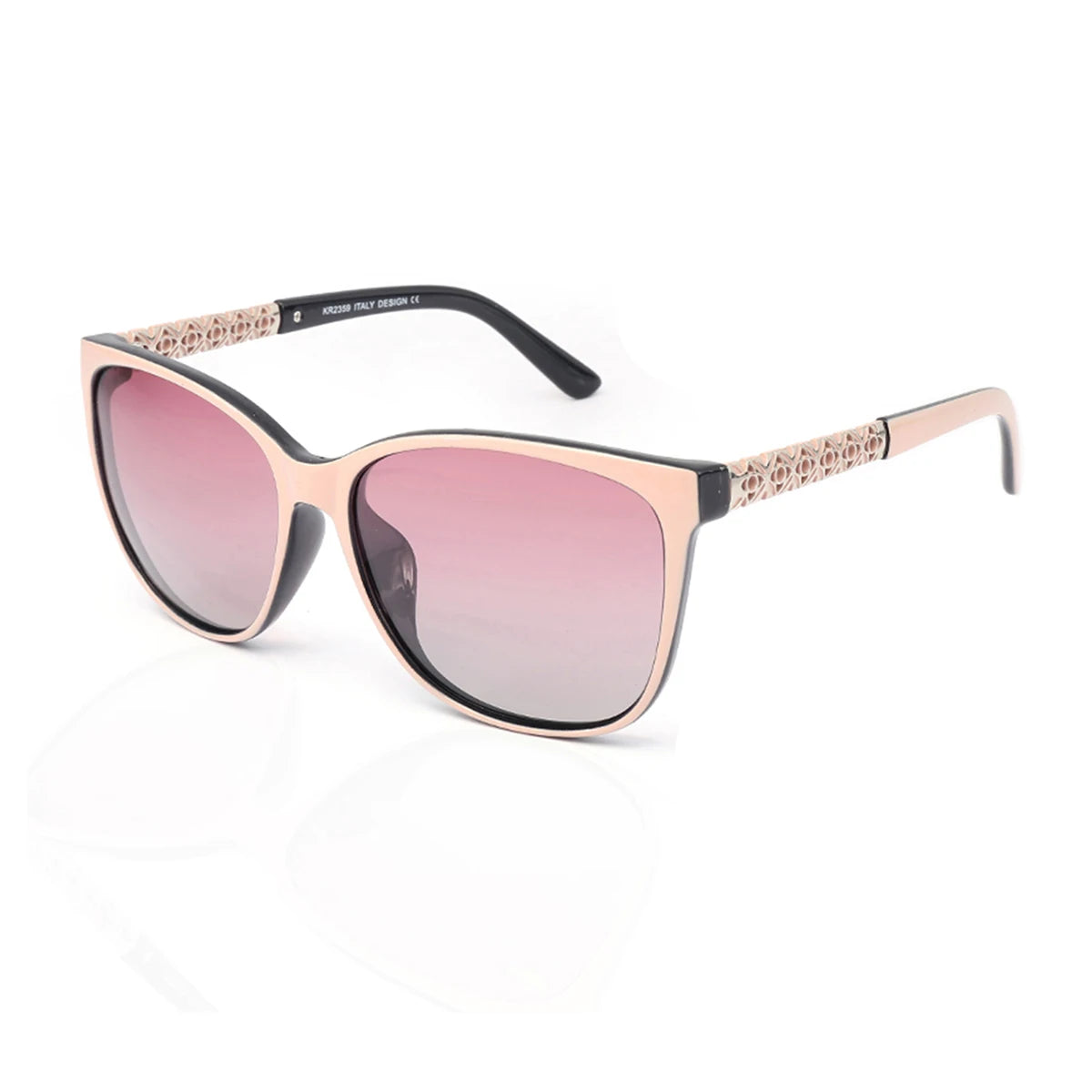Lunettes de mode roses polarisées avec détails dorés et une fine monture métallique