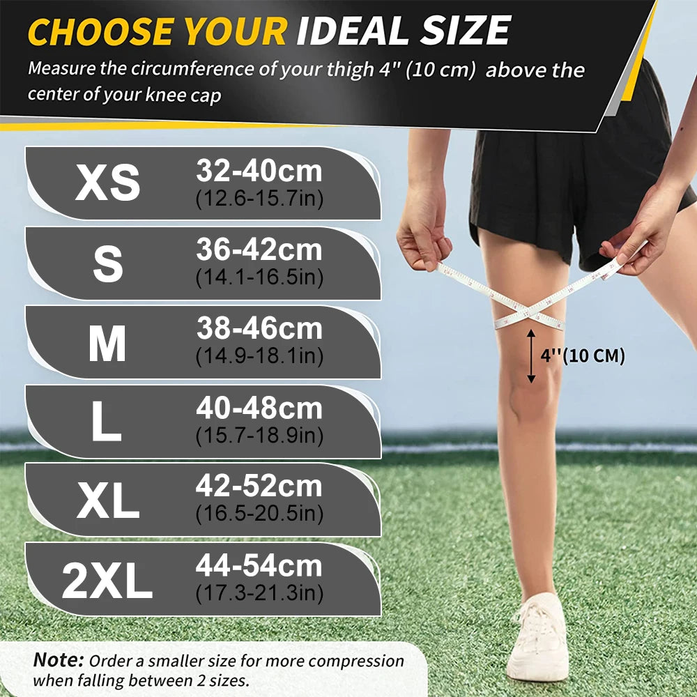 Guide showing sizes XS to 2XL for a full leg compression sleeve measuring circumference above the knee cap.