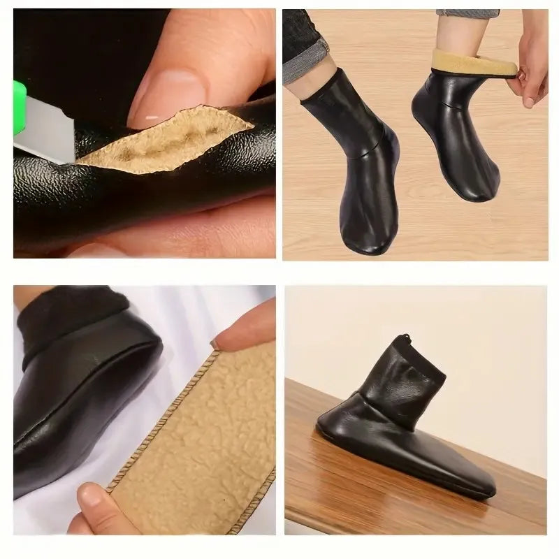 Black men's outdoor sports warm socks shown in various angles and close-ups
