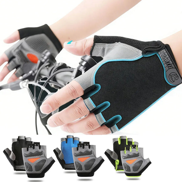 A hand is wearing a black breathable half-finger cycling glove, shown alongside various color options.