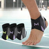 A person's leg wearing a black knit ankle brace with purple accents, used for sports and injury support.