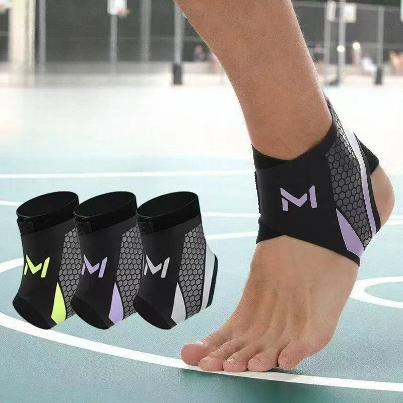 A person's leg wearing a black knit ankle brace with purple accents, used for sports and injury support.