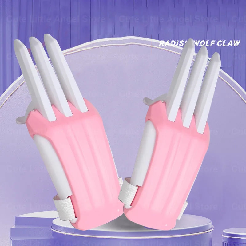A pair of pink and white carrot-themed fidget stress relief toys are displayed against a purple background.