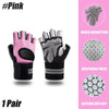 A pair of pink and black heavy duty weightlifting gloves with mesh palm and wrist support.