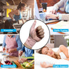 Collage showing daily activities like exercise, typing, housework, and night support using dual-action wrist and thumb grip