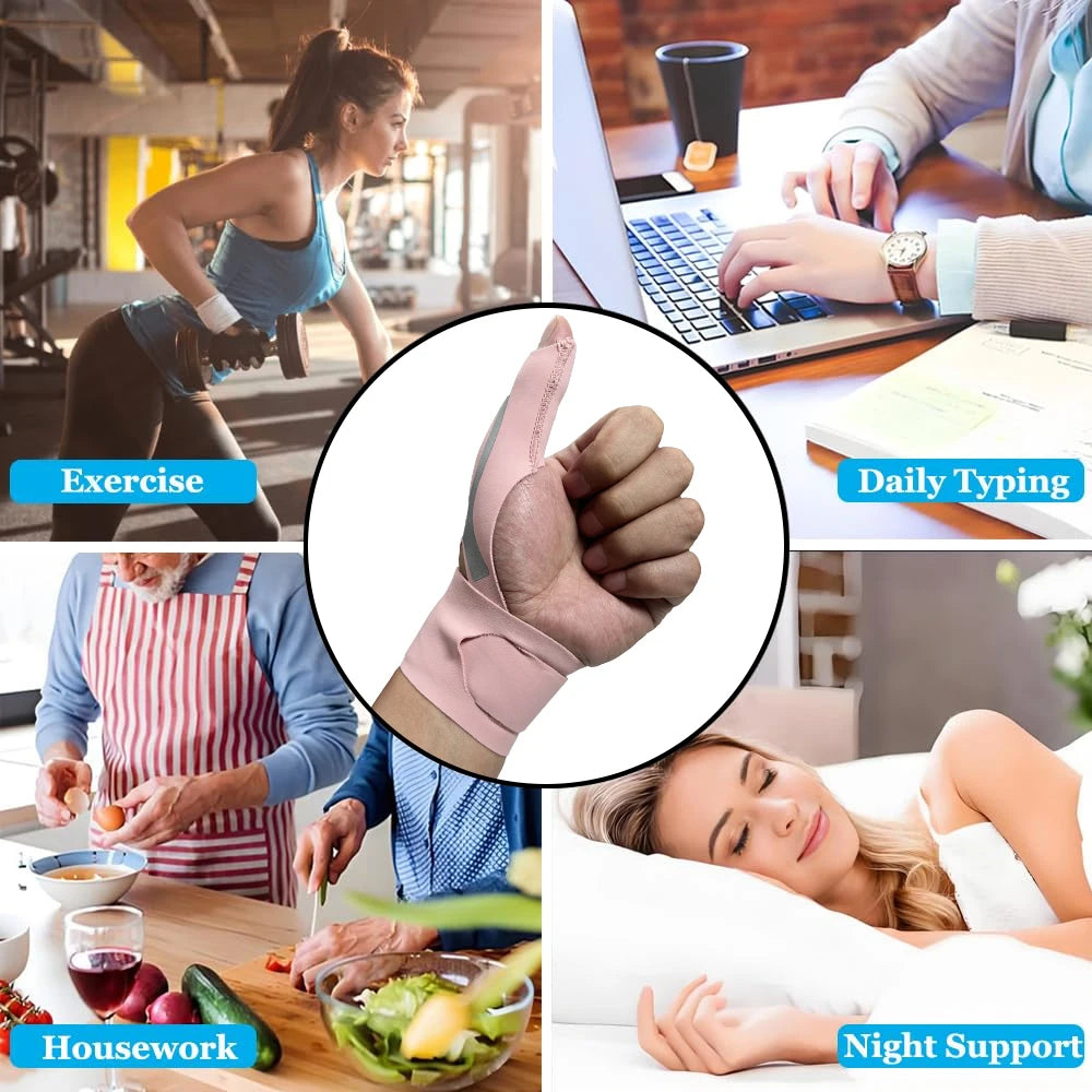 Collage showing daily activities like exercise, typing, housework, and night support using dual-action wrist and thumb grip