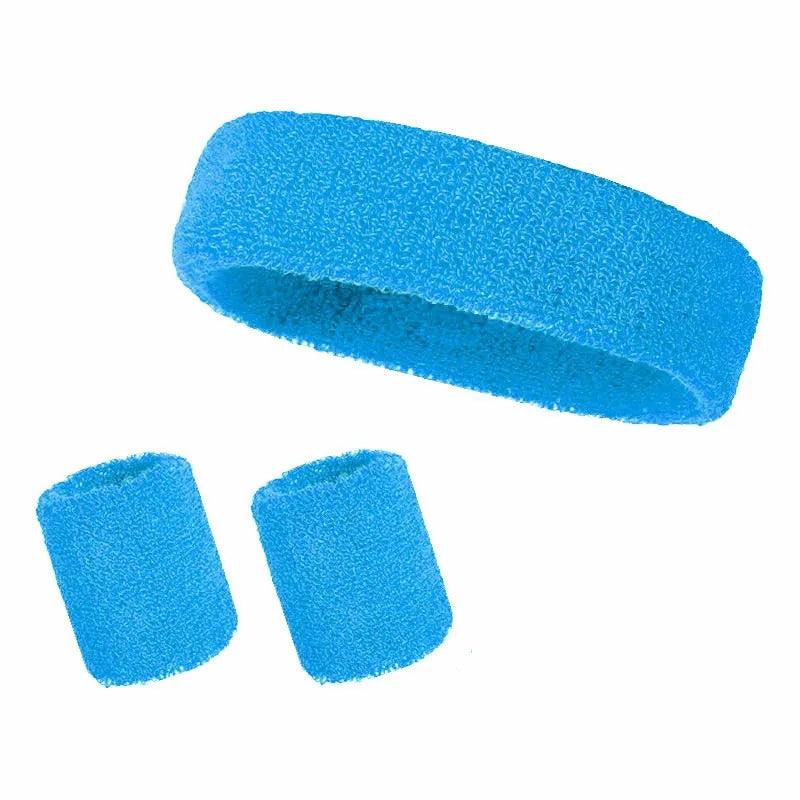 A set of three bright blue athletic sweatbands or hairbands.