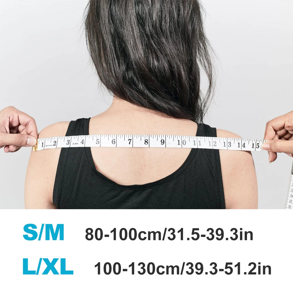 A person's back is shown with a measuring tape placed across the shoulder area to indicate size measurements.
