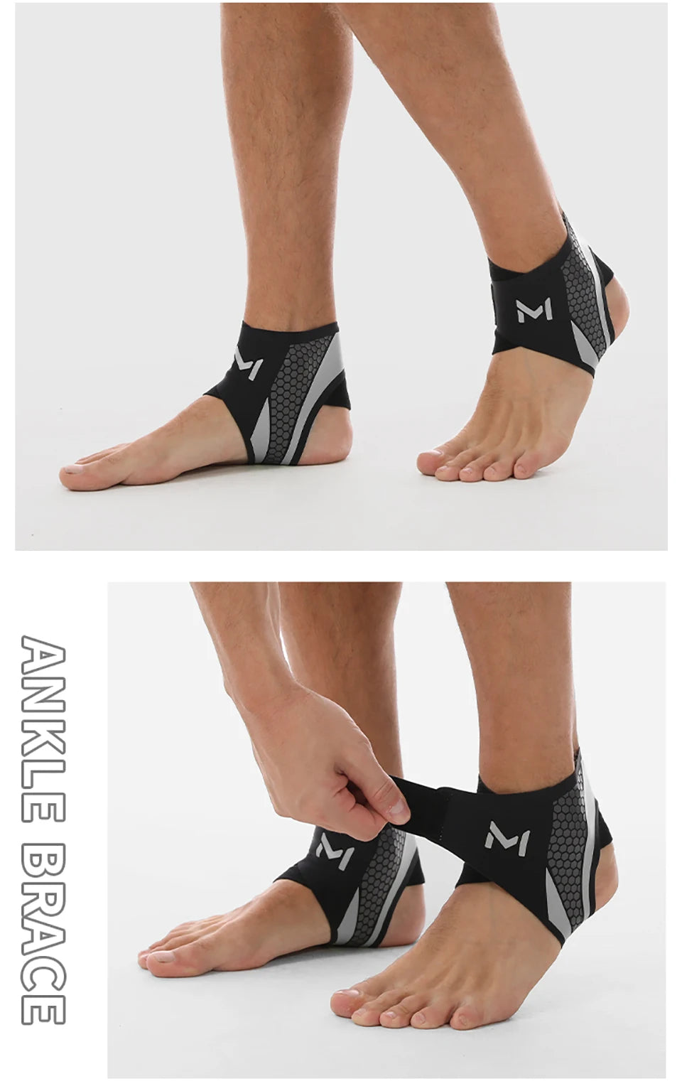 Unteres Bein einer Person mit schwarzem und grauem Knöchelbandage zur Stabilität.