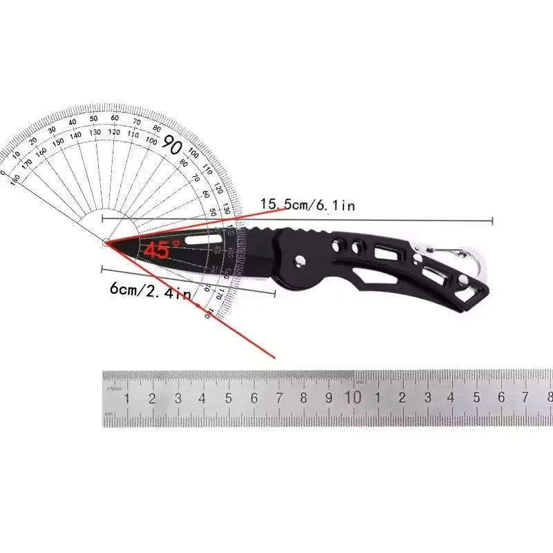 A black folding stainless steel survival knife shown with a 45-degree angle relative to a circular measuring guide.